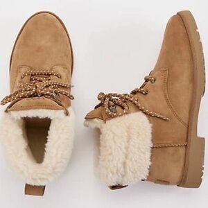 UGG Tan Lace Up Boots with Cream Fur